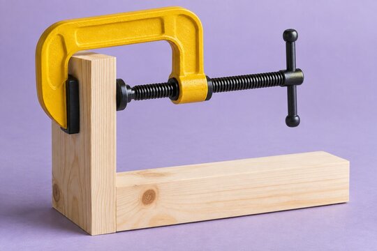 Yellow screw clamp gripping an upright pine board on lilac