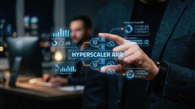 Professional engaged with futuristic digital data, analyzing hyperscale cloud architecture and business revenue metrics for strategic decision-making and technological advancement