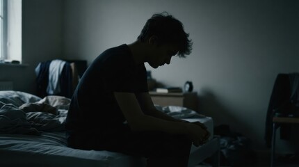 Fototapeta premium Sad young man sitting on bed in dark bedroom
