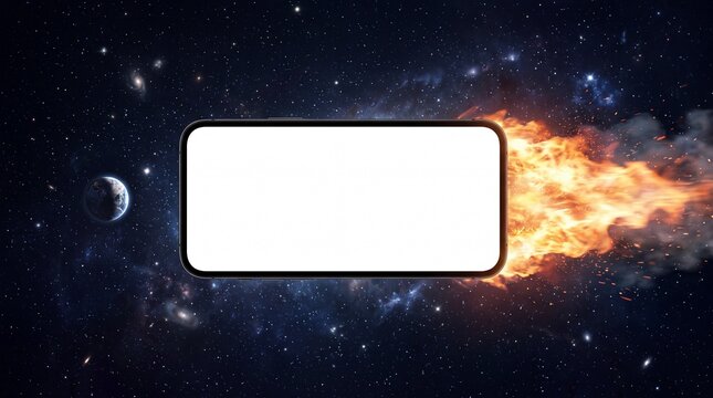 Smartphone mockup with blank screen flying through space with flame trail fast performance concept