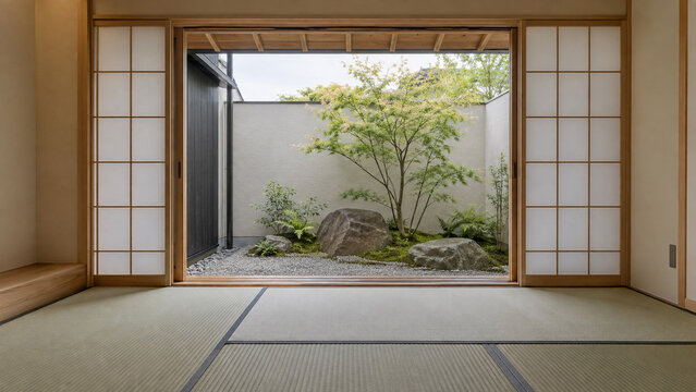 坪庭のある畳の和室写真