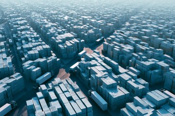 Obraz premium Large cargo storage area fills with containers and trucks in a busy shipping yard