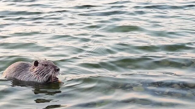 Nutria sitting in shallow water near riverbank. This video is perfect for wildlife documentaries, animal research, educational materials, and ecological awareness projects.