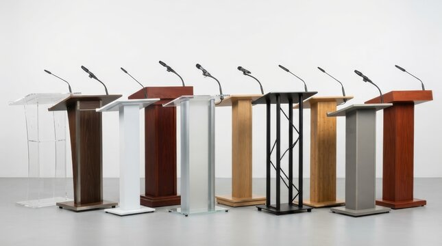 Row of diverse wooden, metal, and acrylic lecterns with microphones
