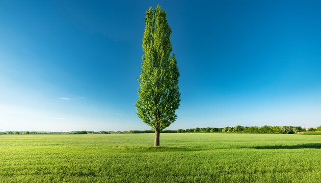 A Tall Poplar Tree With Lush Green Leaves Stands Alone In An Open Field Under A Clear Blue Sky