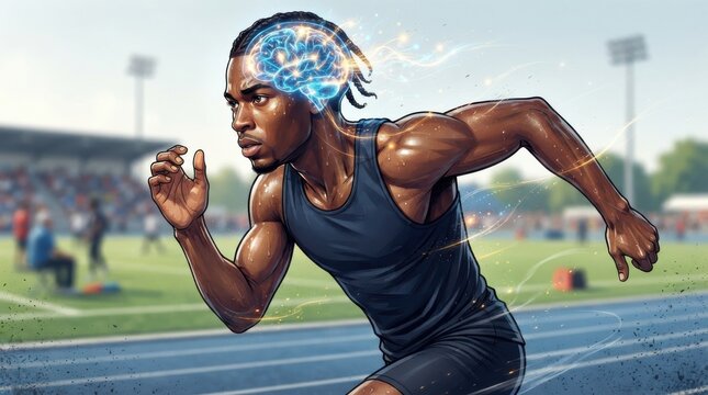 Athletic runner with glowing brain visual running on track