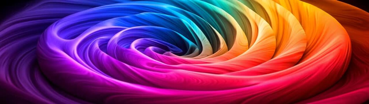 A vibrant gradient of rich hues flows inward during Vortex of the Chromatic Swirl, twisting fabric-like textures into a dynamic, mesmerizing spiral against a deep black void