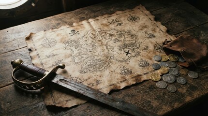 Obraz premium Old pirate map with cutlass and gold coins on wooden table