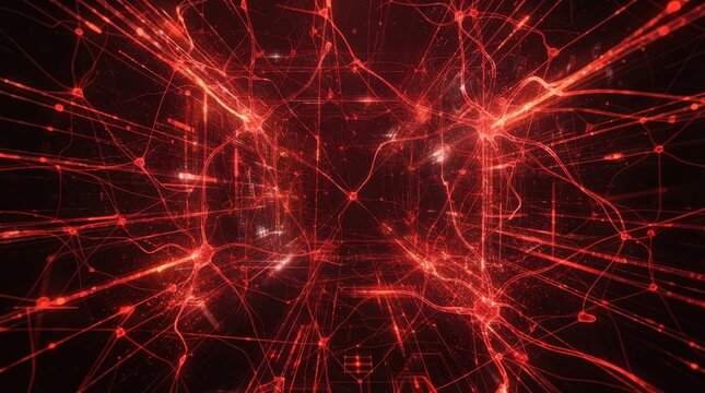 Abstract glowing red neural network and data grid in perspective