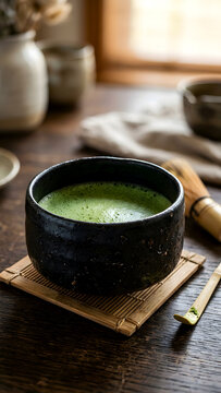 Handcrafted black raku ware matcha bowl with velvety green tea on bamboo coaster