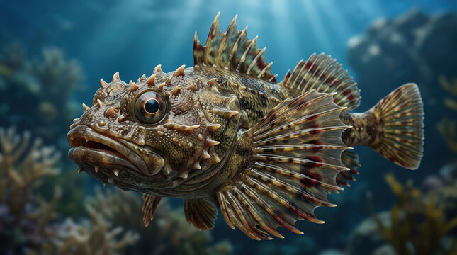 Shorthorn Sculpin (Myoxocephalus scorpius) Swimming Underwater Over Coral Reef
