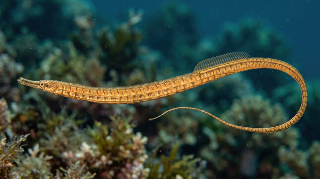 Reef Pipefish (Syngnathus acus) Swimming Near Coral Reef in Ocean