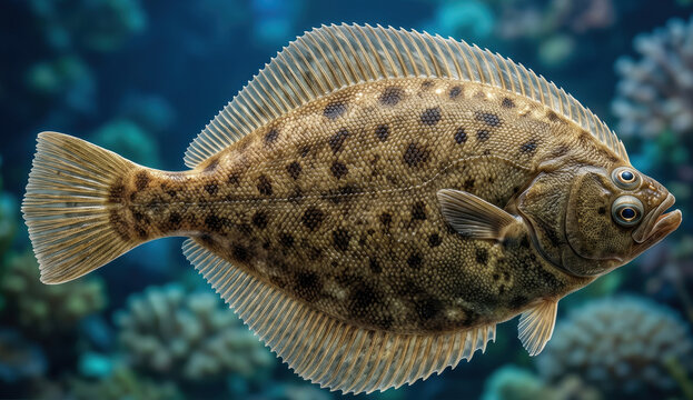 European Flounder (Platichthys flesus) Swimming Underwater Near Coral Reef