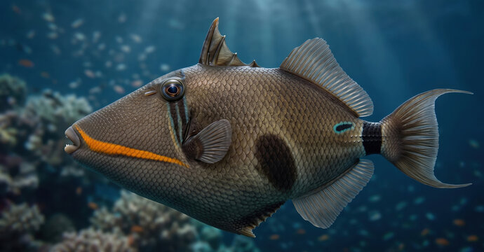 Orange-Lined Triggerfish (Balistapus undulatus) Swimming in Deep Ocean Water