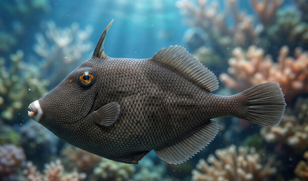 Grey Triggerfish (Balistes capriscus) Swimming Near Coral Reef