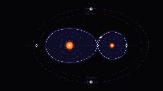 Abstract scientific illustration of binary star system with orbits in space