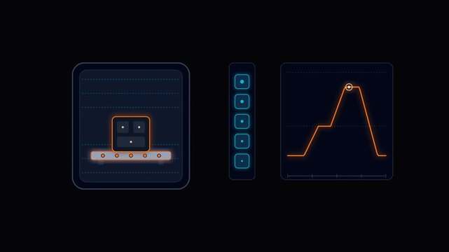 Futuristic digital interface displaying data visualization and process automation on dark background