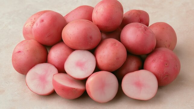Fresh potatoes, whole and cut, on bright surface