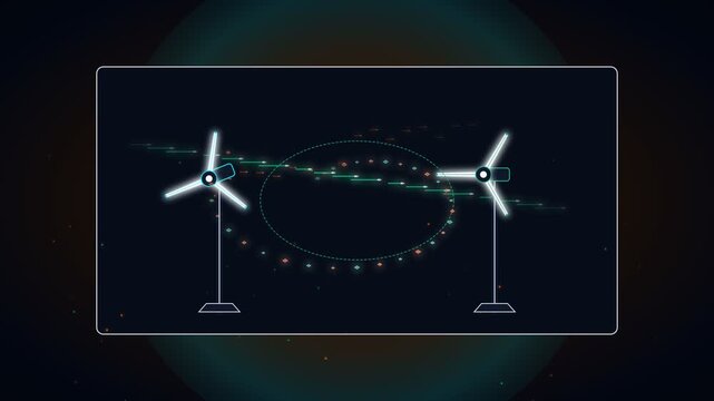Futuristic wind turbines generating clean energy with digital data streams in space
