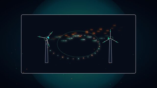 Futuristic digital interface displaying wind turbine clean energy generation and data flow