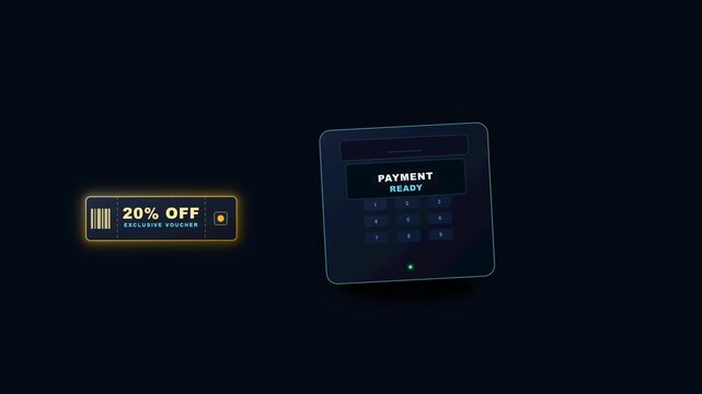 Premium glassmorphic 20% OFF discount voucher sliding into a transparent glass EDC payment terminal, triggering valid validation and a green-gold transaction success celebration in a seamless 6-s