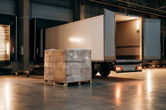 Cargo being unloaded from a truck in a warehouse during evening hours