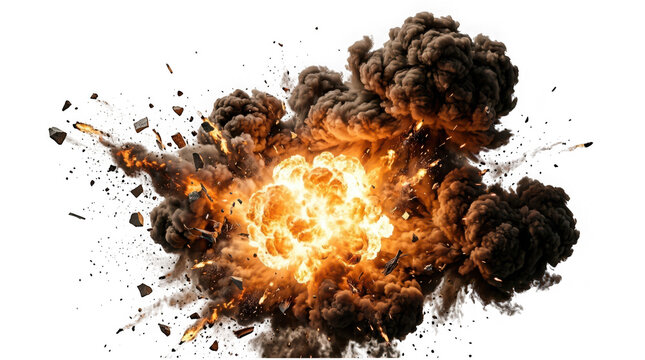 Massive explosion with fire and dark smoke isolated on transparent background