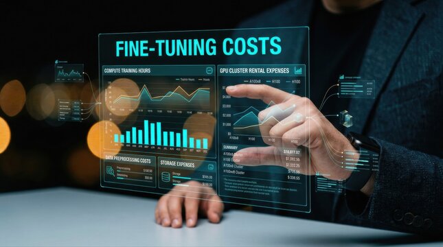 Business executive analyzes and fine-tunes operational costs using an advanced holographic interface displaying real-time financial data, charts, and key performance indicators