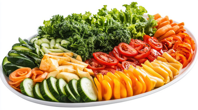 Assorted raw vegetables are arranged in rows across an oval serving platter against a transparent background.