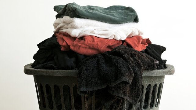 Clothes pile in basket, clean and dirty, plain background