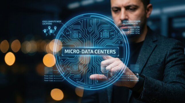 Professional interacting with a sophisticated holographic interface, demonstrating advanced concepts of distributed computing, edge data processing, and scalable digital infrastructure solutions