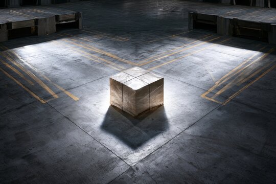 Light shines on a concrete cube in an industrial space during the day