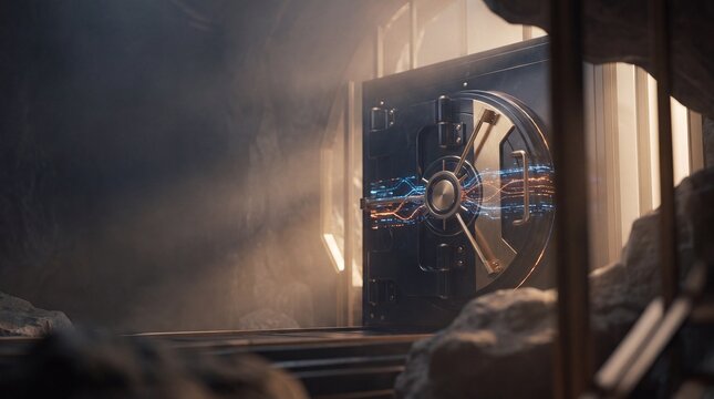 futuristic architecture, a grand vault door made of obsidian and gold exudes a futuristic allure