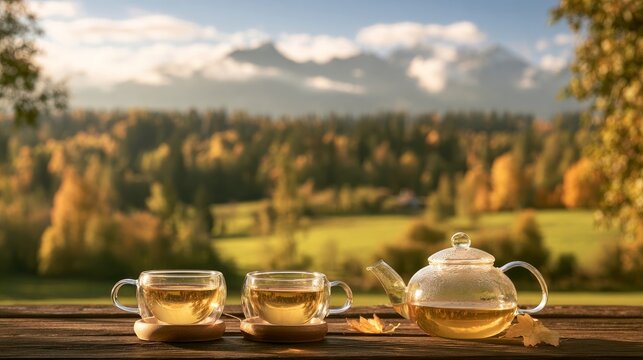 Hot tea in holders and pot on wood surface with mountain view