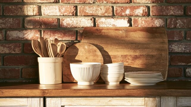 Wooden boards, cutlery, and dishes on kitchen counter by brick wall