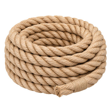 Isolated brown natural fiber rope coiled into a circular shape, on
