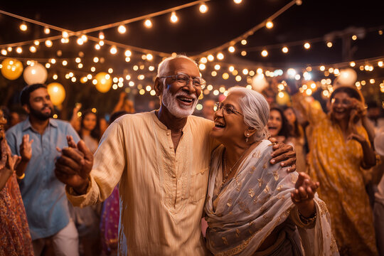Senior citizens joyfully perform Garba in traditional outfits at a community ground during Navratri.
