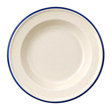 Isolated empty ceramic deep plate with a blue rim and speckled