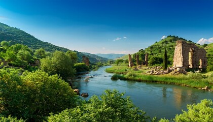 Fototapeta premium Views Of A River Flowing Between Hills With Green Trees And Ruins Seen Under A Clear Sky