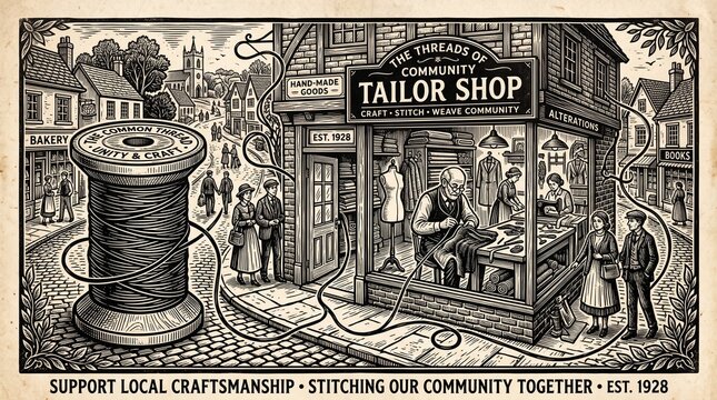 Black‑and‑white illustration of tailor shop connected to spool of thread, symbolizing hyper‑local craftsmanship and community‑focused fashion.