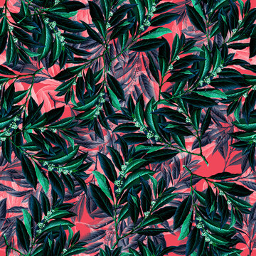 Vintage botanical seamless pattern with dark emerald green laurel leaves small white blossoms and leafy branch overlays on vibrant coral red background modern tropical artwork for fashion apparel swim
