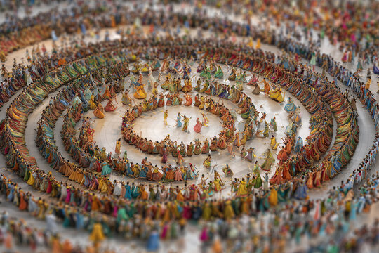Aerial view of a huge Navratri ground with thousands dancing in colorful circles.
