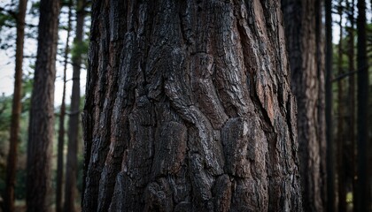 Obraz premium Close Up Of Dark Rough Textured Tree Bark In A Forest