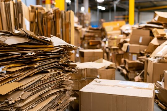 Large piles of cardboard boxes in a storage facility filled with stacked materials and organized chaos