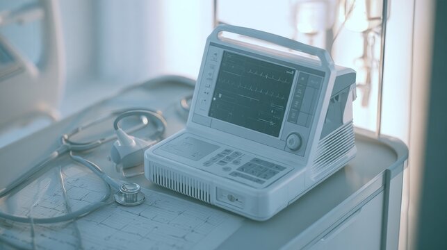 Heart monitor and listening tool over EKG chart, overhead shot