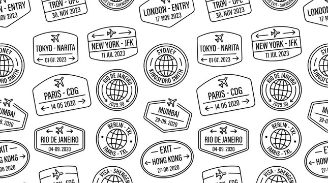 World Passport Stamps Travel Visas Seamless Pattern Country Stamps Visa Stickers Entry Exit Permit Minimal Outline Travel Tourism Stationery Design Vector