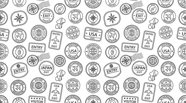 World Passport Stamps Travel Visas Seamless Pattern Country Stamps Visa Stickers Entry Exit Permit Minimal Outline Travel Tourism Stationery Design Vector