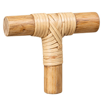 Isolated wooden T-shaped joint with natural woven rattan texture