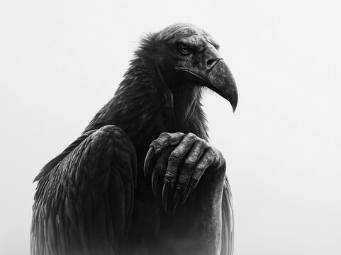 Majestic vulture perched on a blurred natural setting, dark feathers, sharp talons gripping surface, intense eye expression, wings spread, possibly cloudy sky, realistic art, moody ligh - AI-Generated