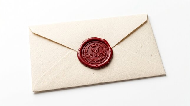 Envelope with wax seal on white background for business correspondence